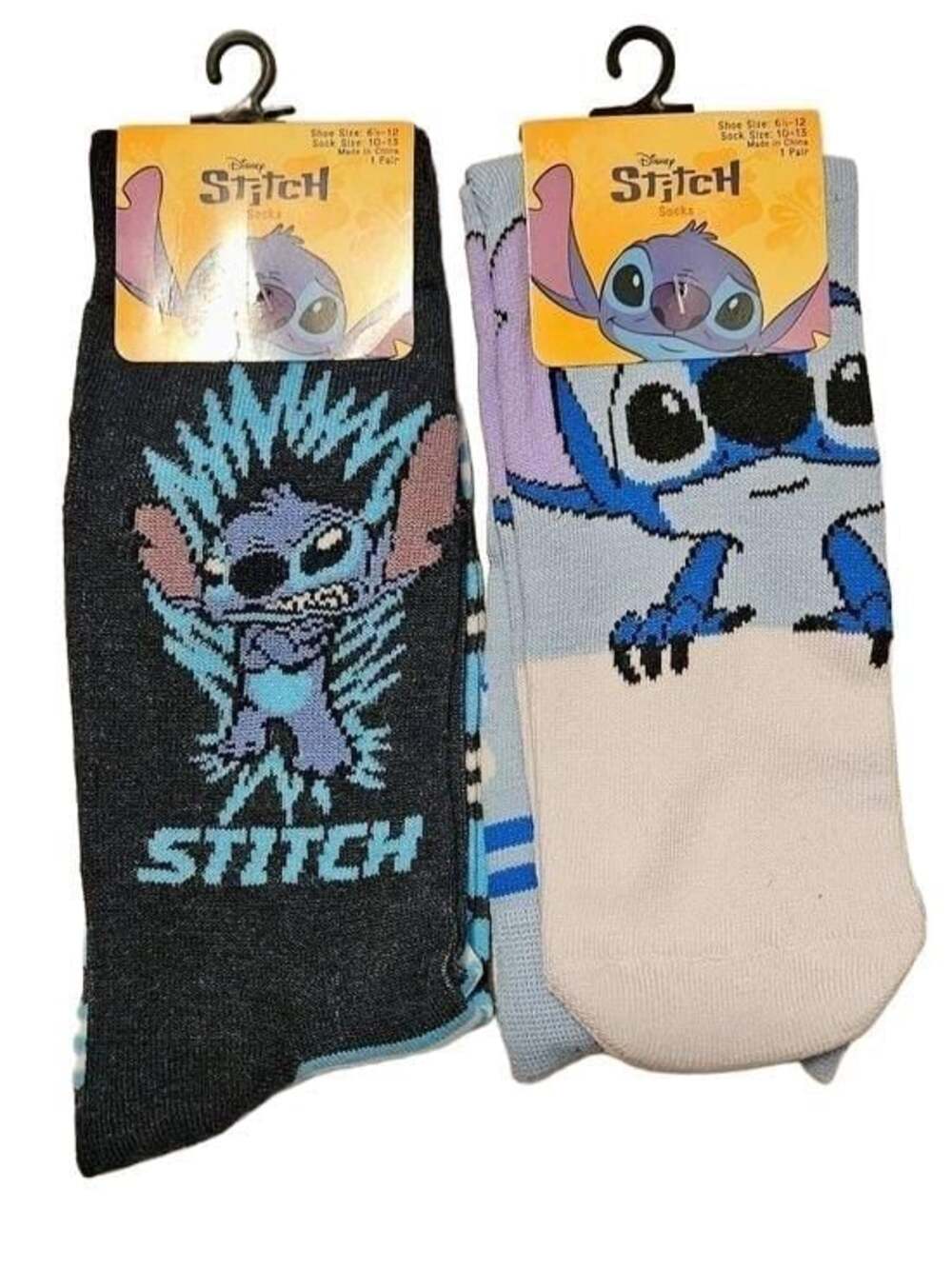 Disney Stitch Men’s Crew Socks — Black, Light Blue & White 6-12